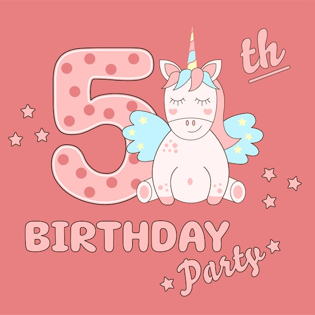 Birthday invitation for 5 year Happy fifth birthday Magical baby unicorn horse greeting card