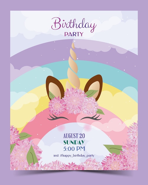 birthday party invitation with colorful rainbow and unicorn background in vector