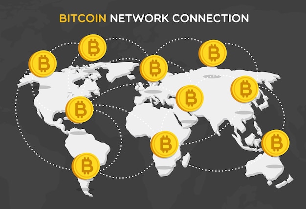 Bit coin network connection consisting of bitcoin money, world map and connection. Vector Illustration