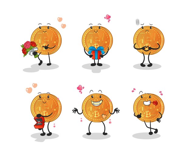 Bitcoin love set character. cartoon mascot vector