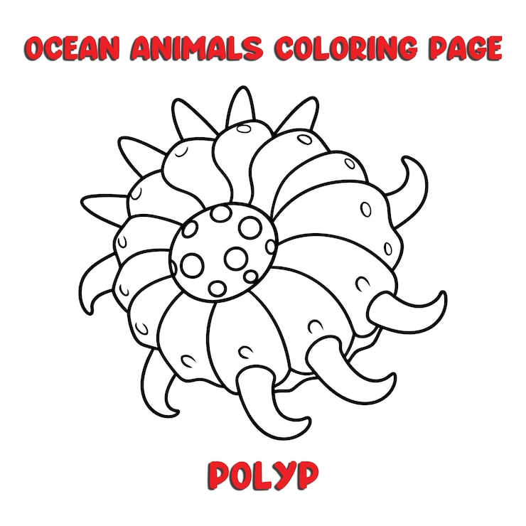 Vector black and white cartoon illustration of cute polyp animal character for coloring book