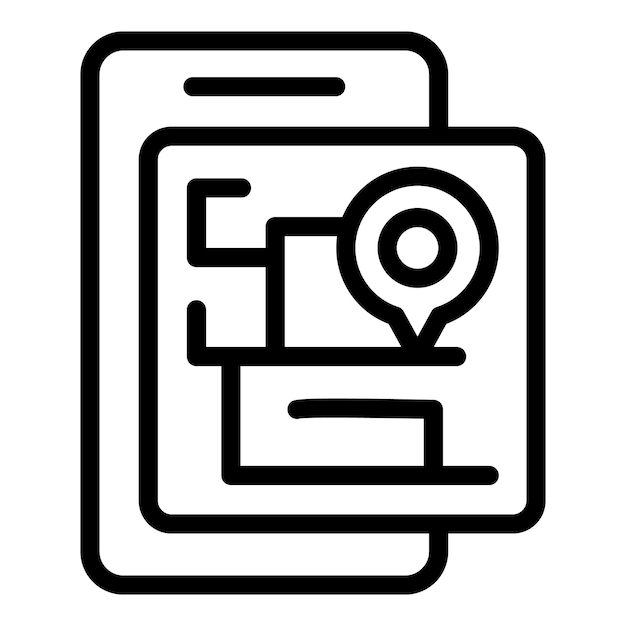 Black and white icon illustrating a smartphone with a map and location pin