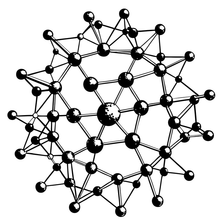 Vector black and white illustration of a molecular structure with connected spheres