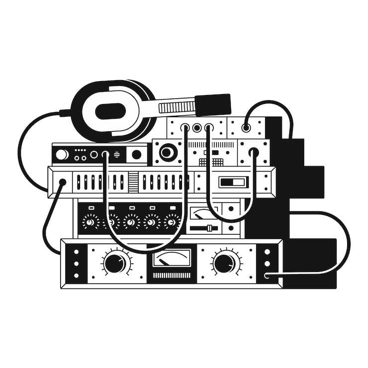 Vector  black and white illustration of music amplifiers and headphones. white background.