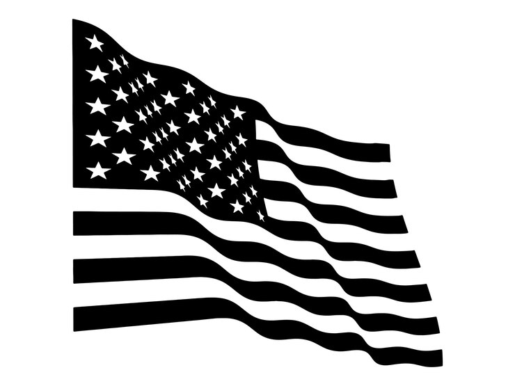 Black and White Vector Illustration of Waving American Flag United States Patriotic Symbol
