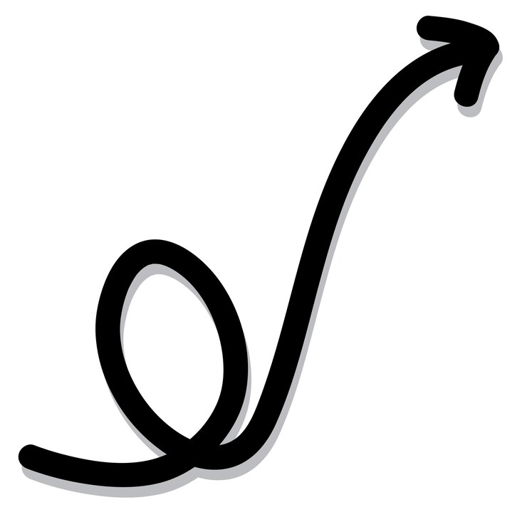 Vector black arrow point up curve wavy lines with gray shadow white background isolated