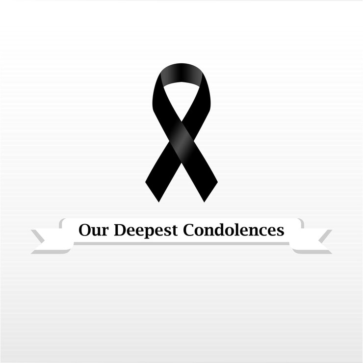 Black awareness ribbon condolences on white background.