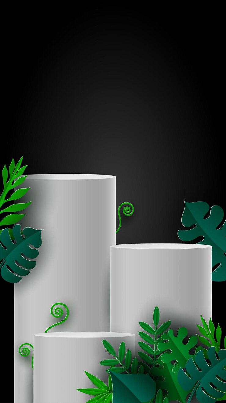 Vector black background summer sale display 3d white podium with leaves for mock up