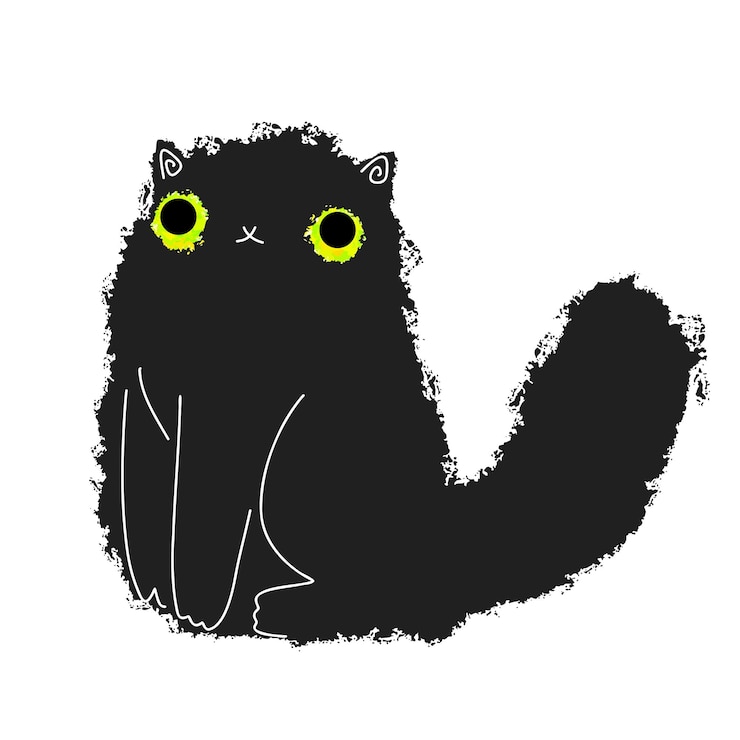 Vector black cat. fluffy fat hand drawn cat paw. animal greets. black halloween kitten. hand drawn textured