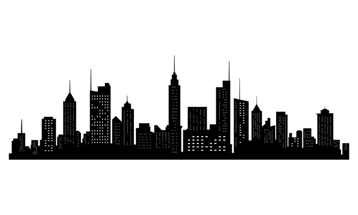 Black cities silhouette horizontal skyline in flat style isolated on white cityscape with windows