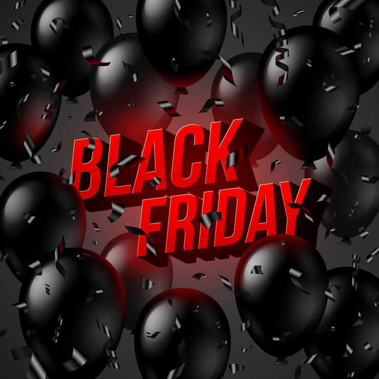 Vector black friday sale design, black balloons, confetti and red luminous 3d text.