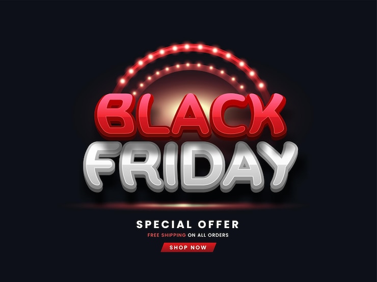 Vector black friday sale design with 3d typography and disco light in black background