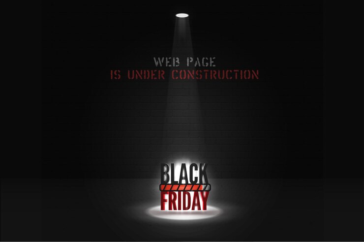 Vector black friday web page under construction banner template. stylized stencil font lettering on brick wall background. mega sale website page with loading progress icon. big discounts anticipation poster