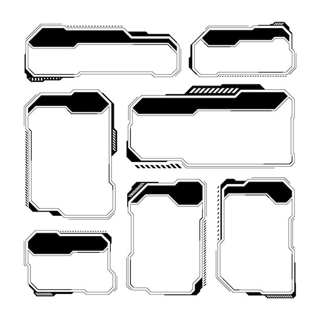 Black futuristic HUD or UI elements Scifi user interface text boxes callouts Warning message frames information boxes template Modern game interface layout in digital style Vector illustration