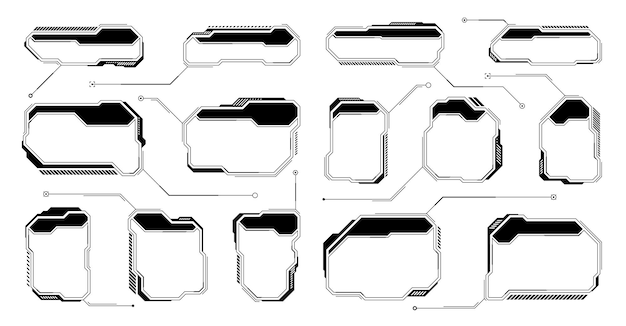 black futuristic hud or ui elements scifi user interface text boxes callouts warning message frames information boxes template modern game interface layout in digital style vector illustration