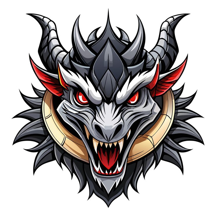 black gold red dragon face mascot logo design