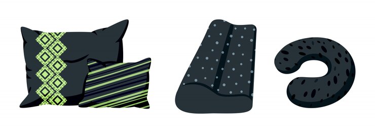 Vector black pillow set with decorative pattern, flat cartoon style. interior textile. travel cushion, orthopedic or soft