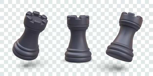 Black realistic chess rook in vertical and tilted position chessman element of strategic game