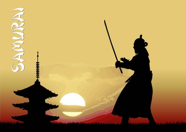 Black silhouette of Samurai with the sword on hight sky background