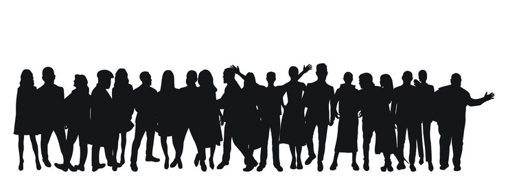 Black silhouette of young couples of guys and girls crowd group team band isolated vector