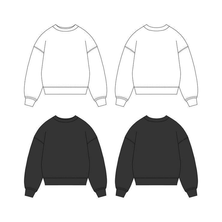 Vector black sweatshirt template long sleeve sweatshirt fashion tech pack template for streetwear