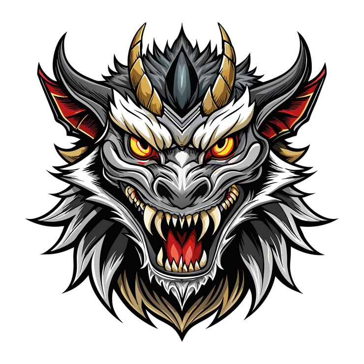 black white red dragon face mascot logo design