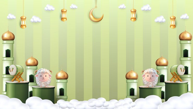 Vector blank eid al adha super sale illustration concept with podium lantern mosque cute sheep and cloud