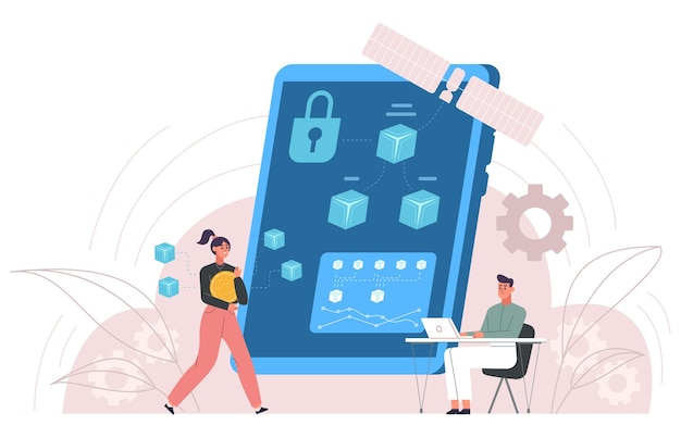 Blockchain technology business people block chain concept Bitcoin and crypto coins mining vector illustration Cryptocurrency transaction tech