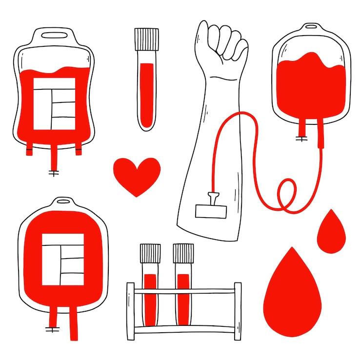 Vector blood donation set in doodle style vector illustration linear collection of elements with blood blood bag test tube with blood blood analysis