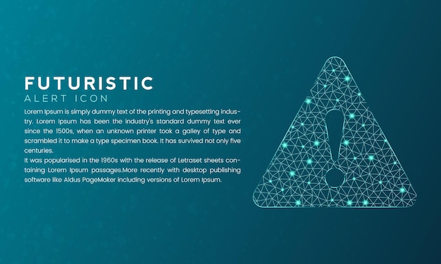 Blue futuristic alert icon concept with polygon node connected dots and neon effect