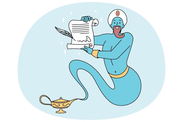 Vector blue genie granting wishes
