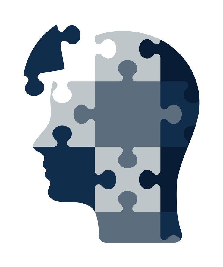 Vector blue head shaped puzzles one puzzle piece is missing creativity inspiration logical thinking the potential of the human brain