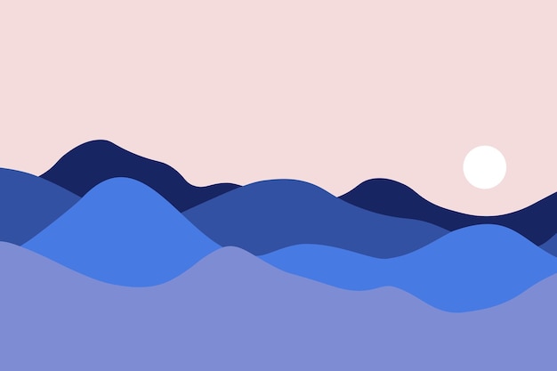 Blue mountain landscape or ocean waves background in flat style