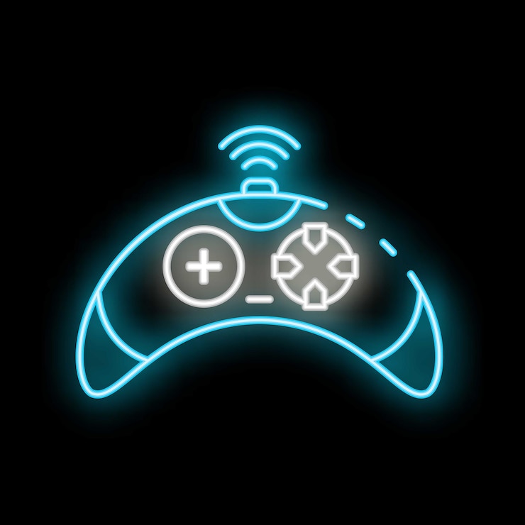 Vector blue neon wireless gamepad on black background