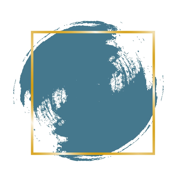 Vector blue paintbrush circle and gold shining square frame. abstract background. vector.