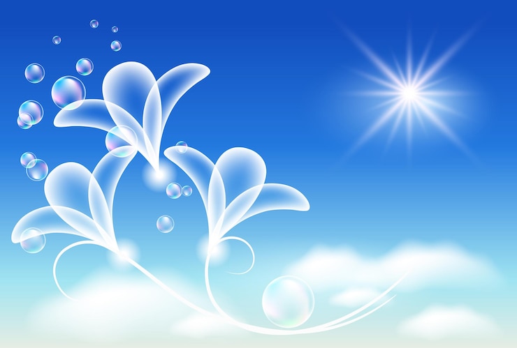 Vector blue sky with transparent flowers and bubbles