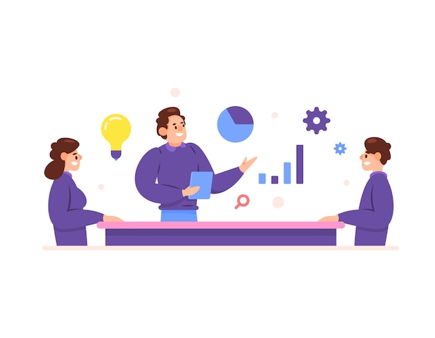 board of directors concept or illustration of employees holding meetings and presentations