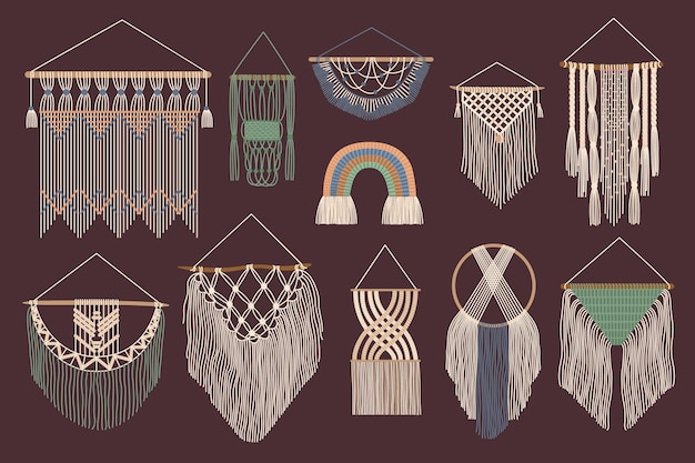 Bohemian wall hangings Handcrafted macrame cozy home decor knitted cotton yarn braid cord and ornamental hygge accessories hand drawn vector set