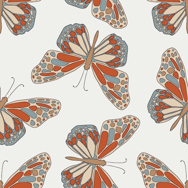 Boho butterfly hand drawn seamless pattern background