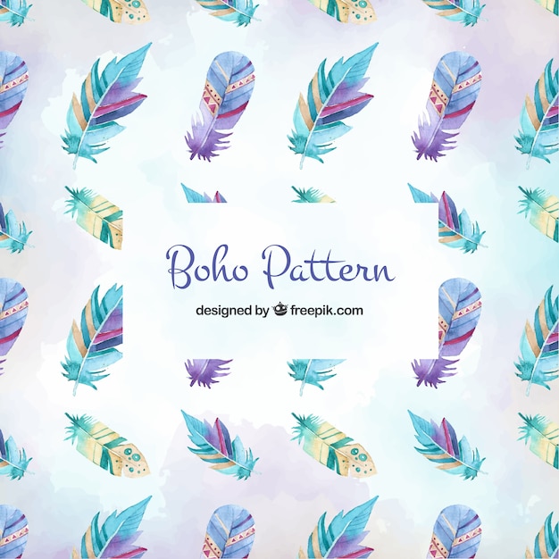 boho pattern with watercolor feathers