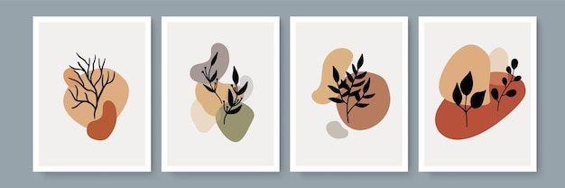 boho wall art poster in earth tone color. set of four home wall decor design concept