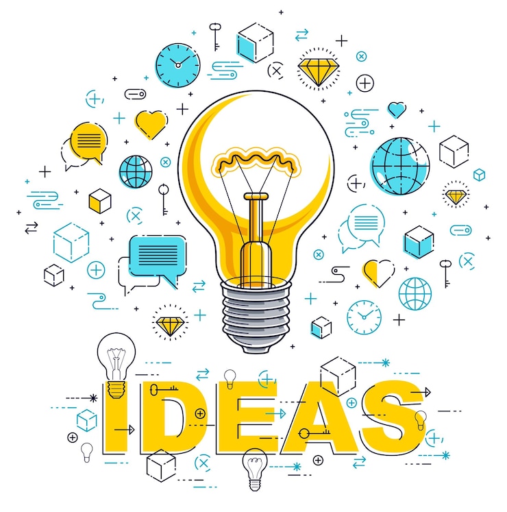 Vector bola lampu bersinar dan kumpulan ikon, konsep kreatif ide bisnis, alegori e-commerce, bisnis internet, marketplace atau toko online, ilustrasi vektor.