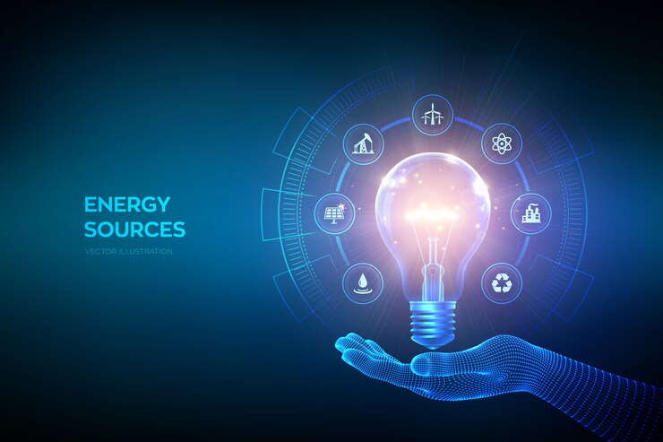 Vector bola lampu menyala dengan ikon sumber daya energi di tangan. konsep penghematan listrik dan energi. sumber energi.