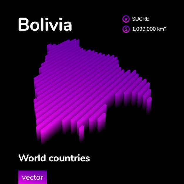 Bolivia 3D map Stylized striped digital neon isometric vector Map of Bolivia is in violet colors on black background