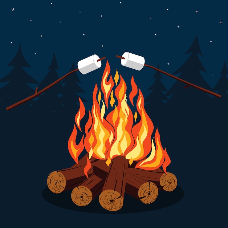 Vector bonfire with marshmallow - camping, burning woodpile. 