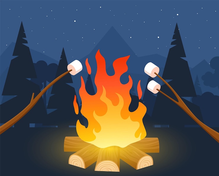 Vector bonfire with marshmallow cartoon camp background sweets roasting on fire starry night and forest outdoor recreation autumn cozy campsite with fireplace picnic or camping vector illustration