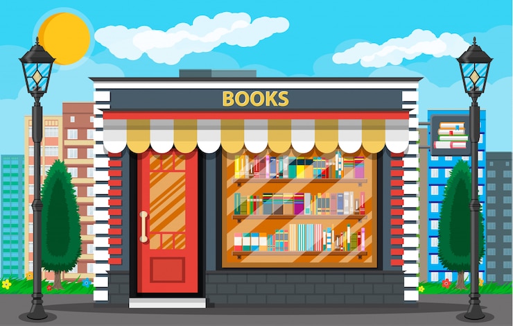 Vector book shop or store building and cityscape