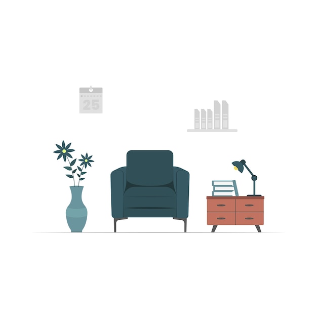 Book Table Chair and Reading Lamp in the Middle Room Illustration