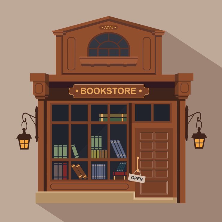 Vector books store building with books icons set vector illustration