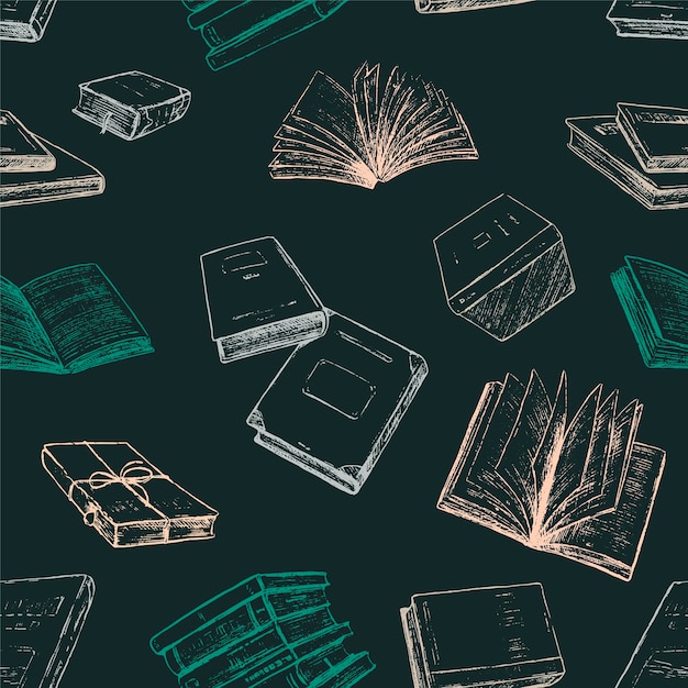 Books vector seamless pattern. Vintage hand drawn background. Abstract ornament in sketch style, boho.
